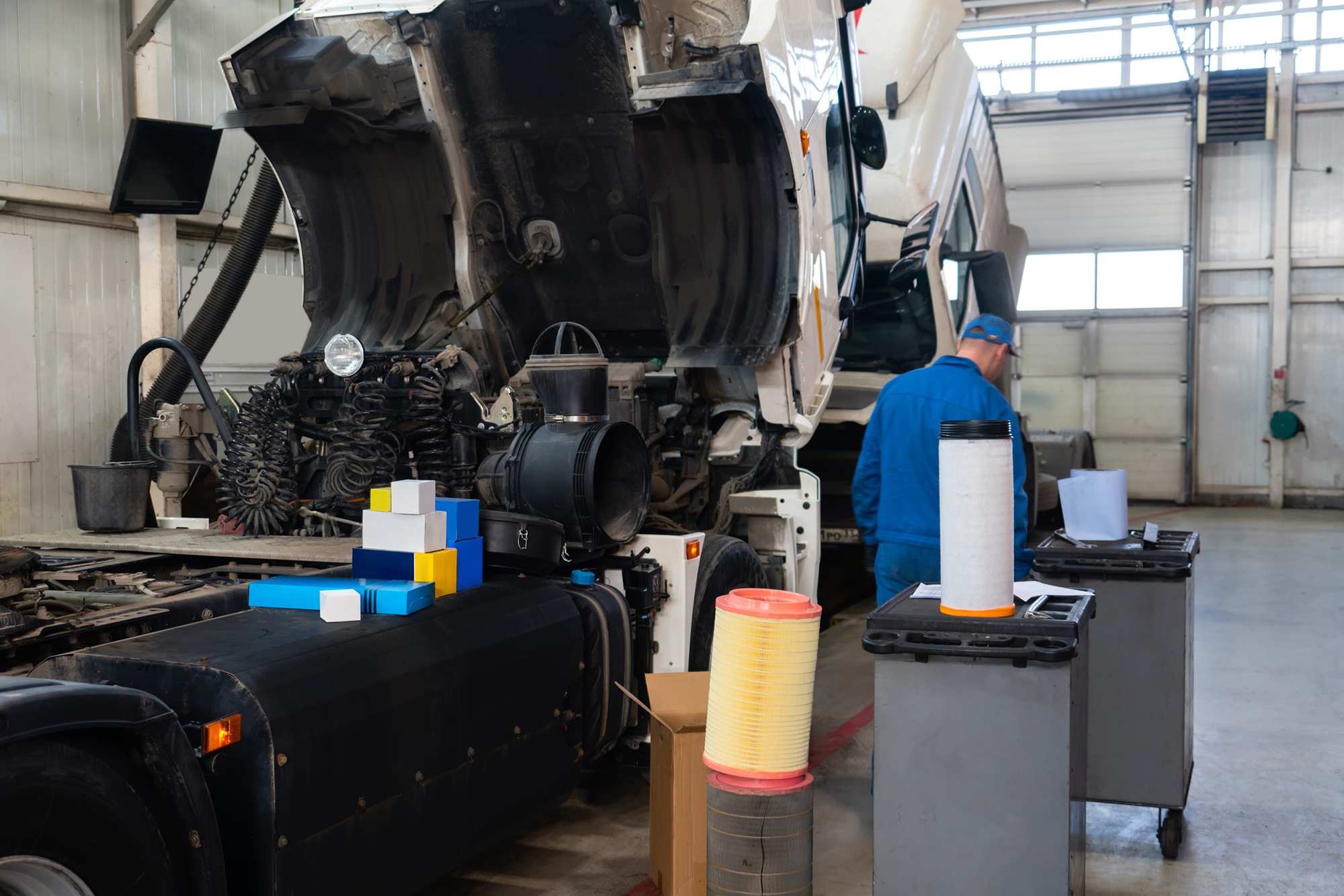 Truck repair service indoors. Maintenance workshop